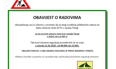 OBAVIJEST O RADOVIMA – državna cesta DC75 u naselju Flengi